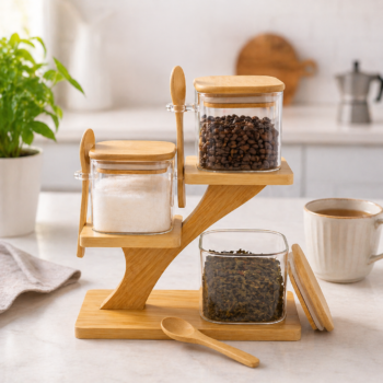 Set Epices en Verre avec Support Bambou - 3 Pots avec Cuilleres